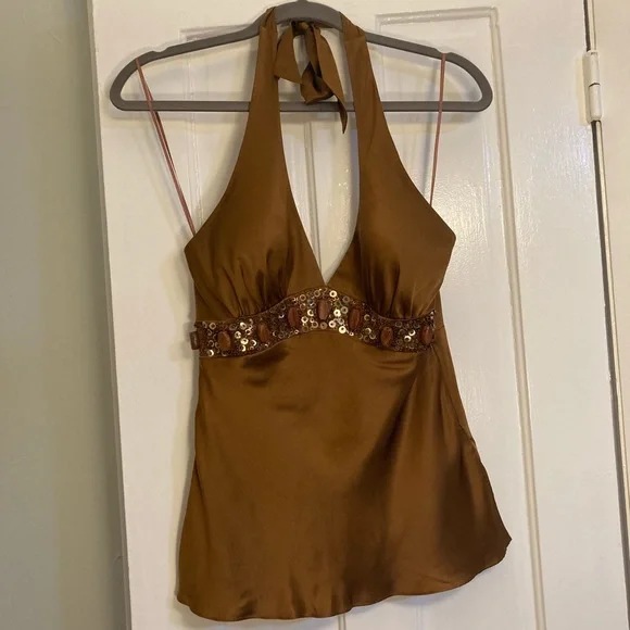Y2K Brown Silk Halter Tank Top- Beaded, Vintage - Picture 1 of 8